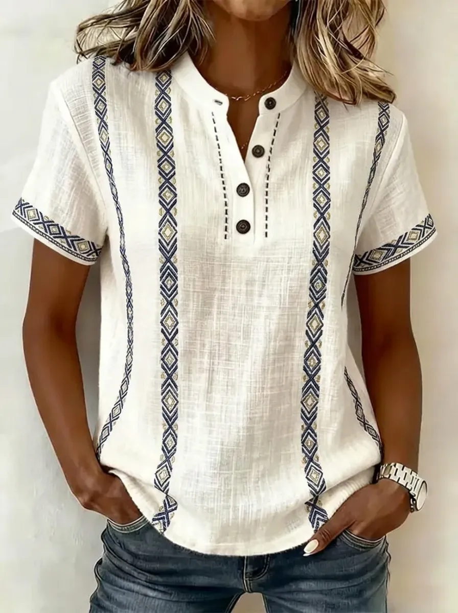 Women's Nashville Travel Geometric Pattern Printed Henley Shirt
