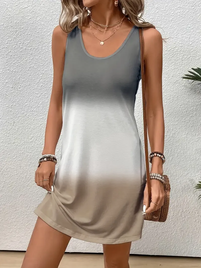 Ombre Colorblock Crew Neck Tank Dress, Casual Sleeveless Loose Dress For Spring & Summer, Women's Clothing