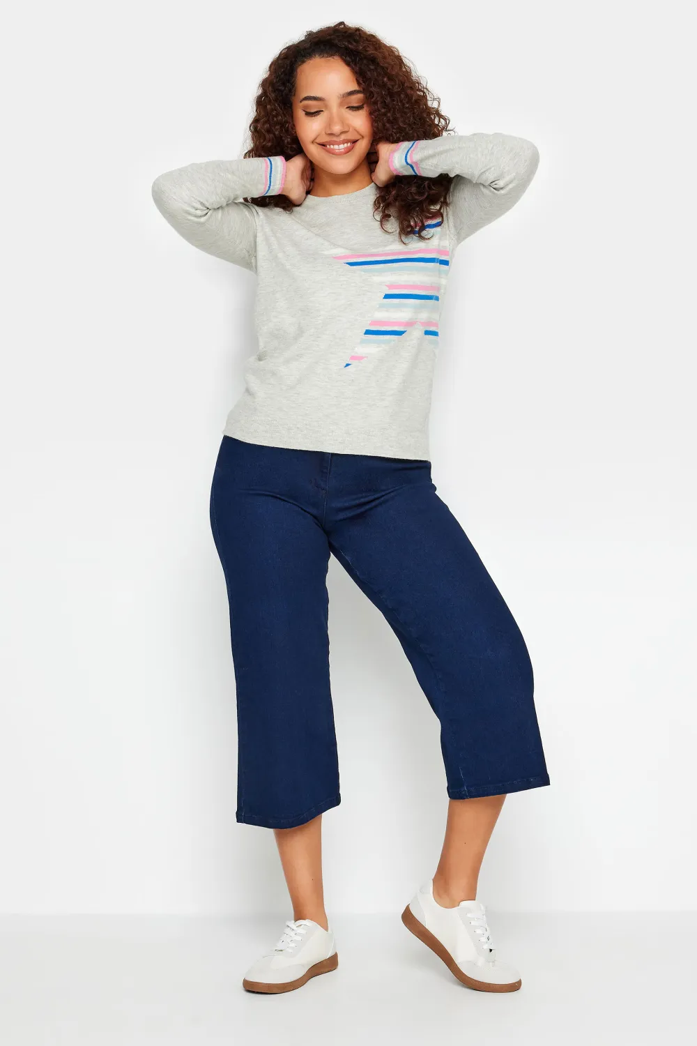 M&Co Grey Stripe Cuff Star Print Jumper