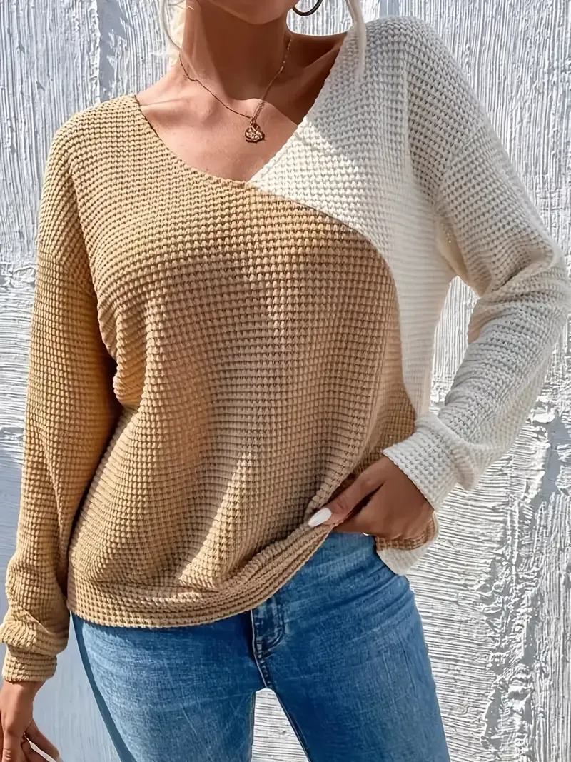 Color Block Twist Back Top, Versatile V-neck Top For Spring & Fall, Women's Clothing