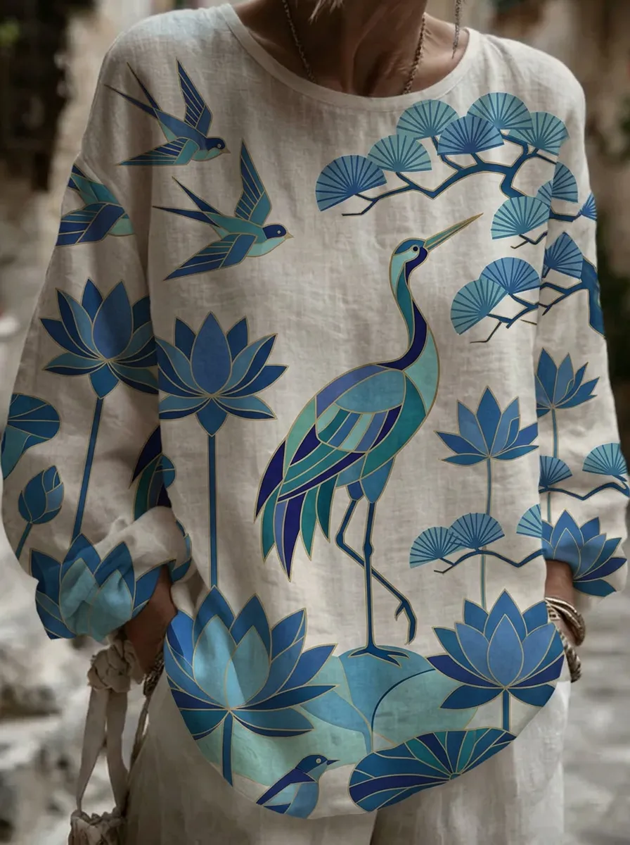 Women's Nashville Nature Crane Lotus Bird Printed Linen Top