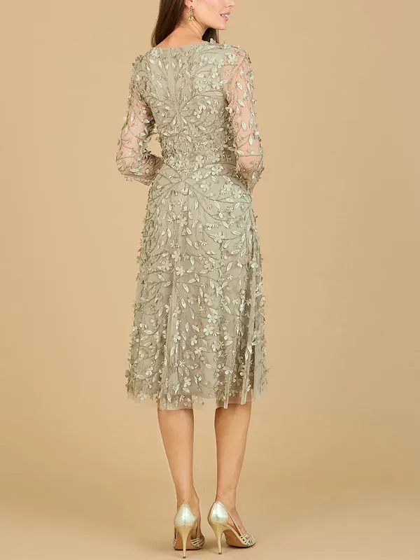 V-neck Long-sleeve Flower Midi Dress