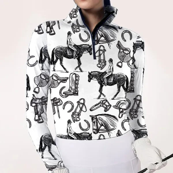 Women's Riding Style Horse Rider And Equestrian Equipment Print Long Sleeve Casual Shirt