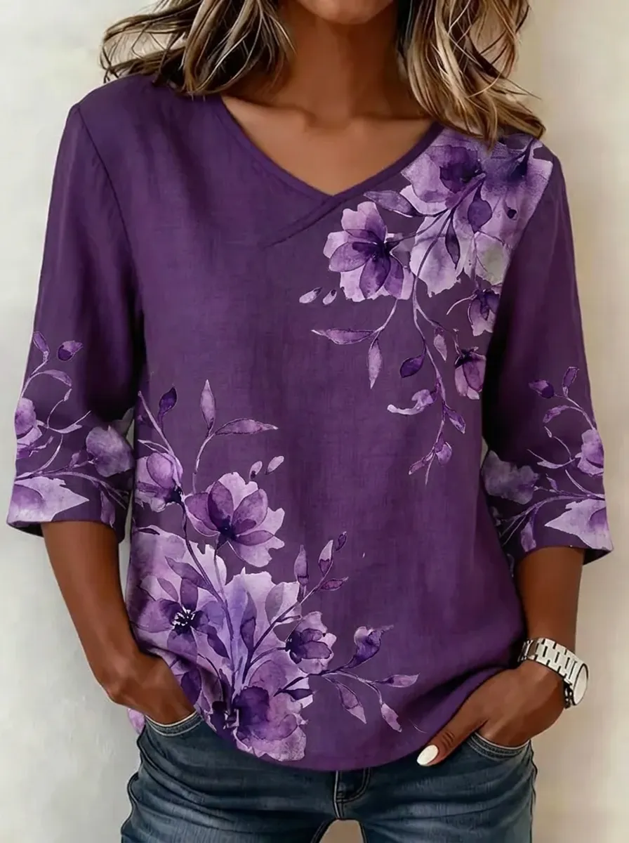 Women's Nashville Floral Art Purple Printed V-neck Top
