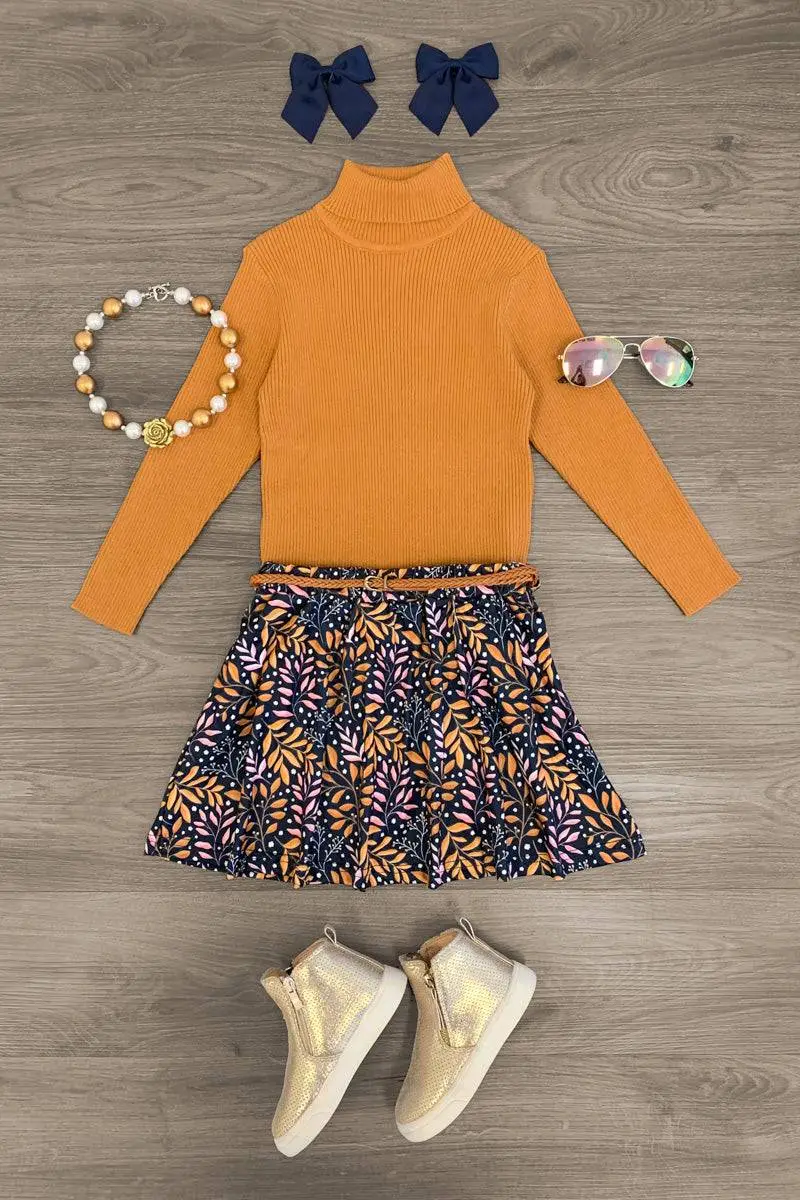 Knitted Turtleneck Fall Floral Skirt Set