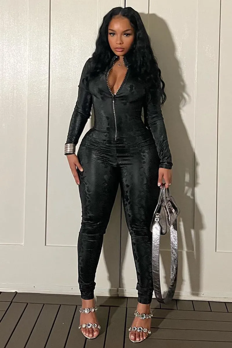 Snake Pattern Long Sleeve Zipper Slim Fit Jumpsuit-Black