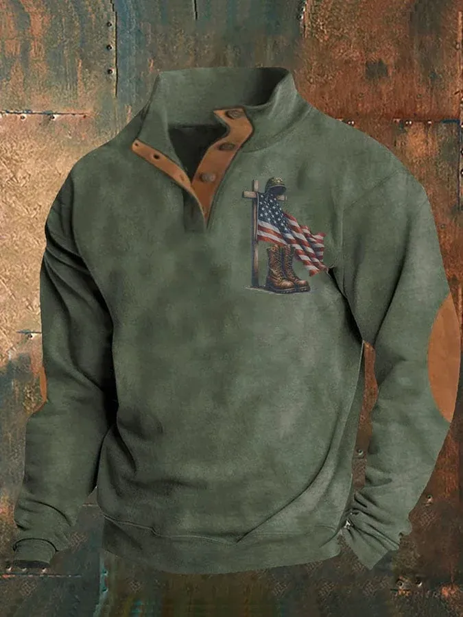 Men's Retro Texture Veterans DD-214 Stand Collar Zipper Long Sleeve Casual Sweater