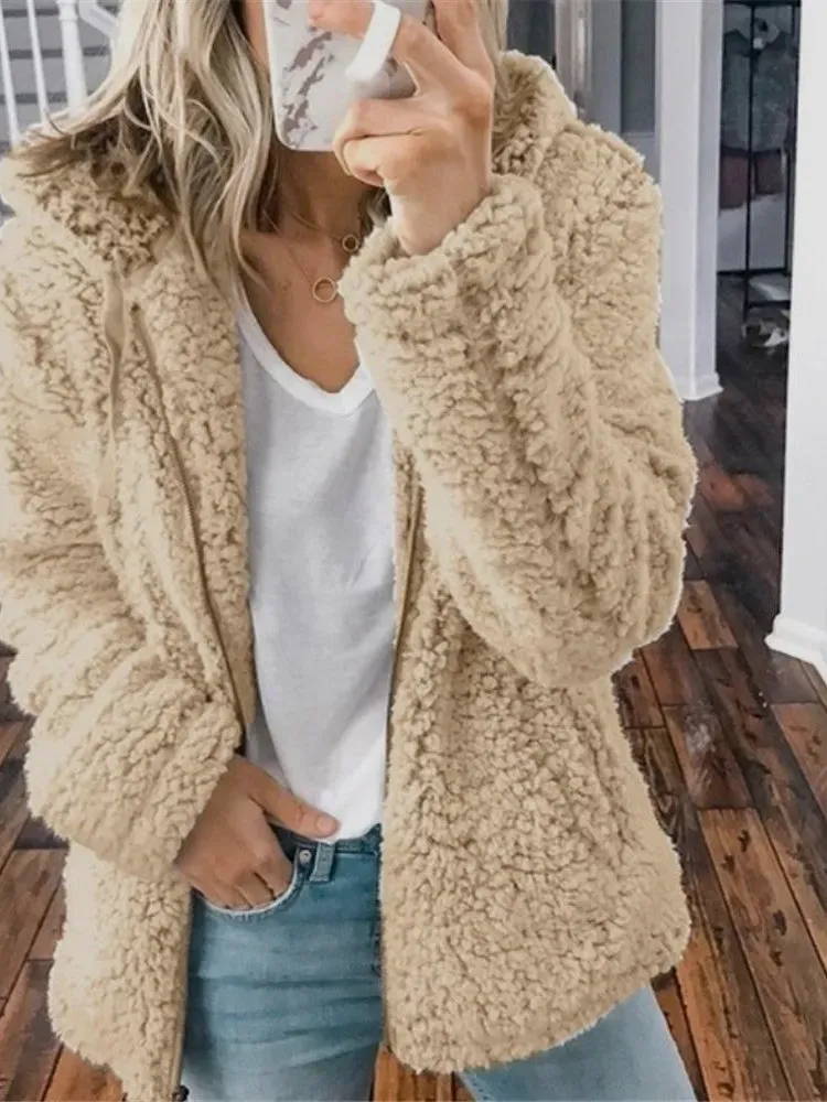 Women Causal Zipper Long Sleeve Hooded Teddy Coat Top