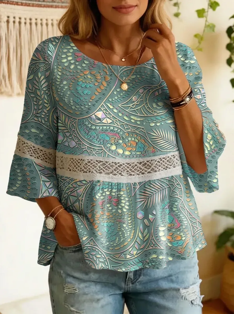 Women's Nashville Boho Paisley Lace-Trimmed Printed Top