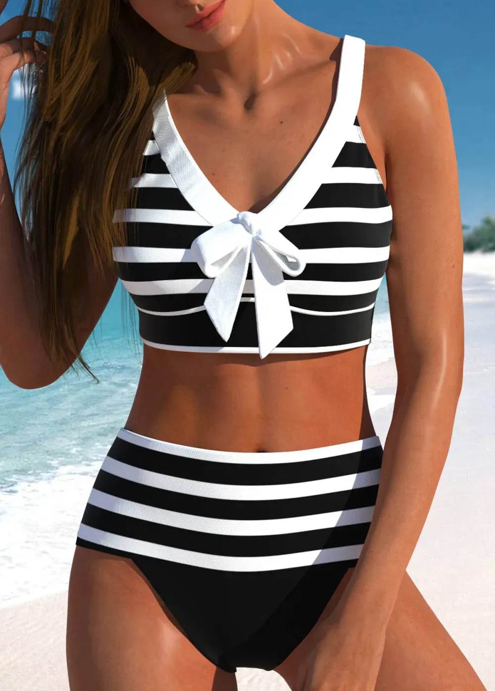 Bowknot Striped Black Wide Strap Bikini Top