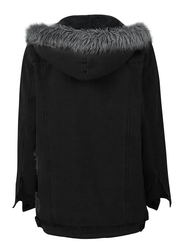 Women's Denim Jacket Hoodie Jacket Daily Fall Winter Regular Coat Loose Fit Streetwear Jacket Long Sleeve Pocket Black Blue Grey