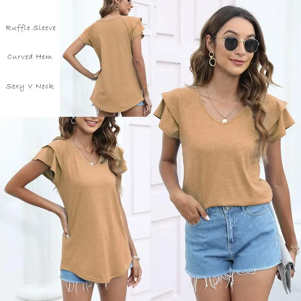 T&Twenties Womens Summer Tops Ruffle Short Sleeve Tunic Tops V Neck Loose Fit Flowy T-Shirts