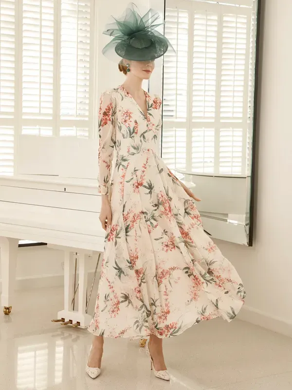 V Neck Long Sleeve Printed Maxi Dress