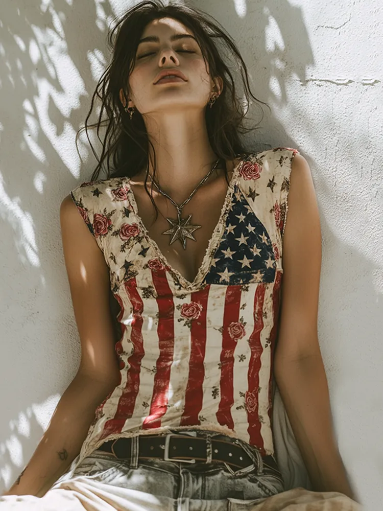 Women's Vintage Independence Day Floral Print Tank Top