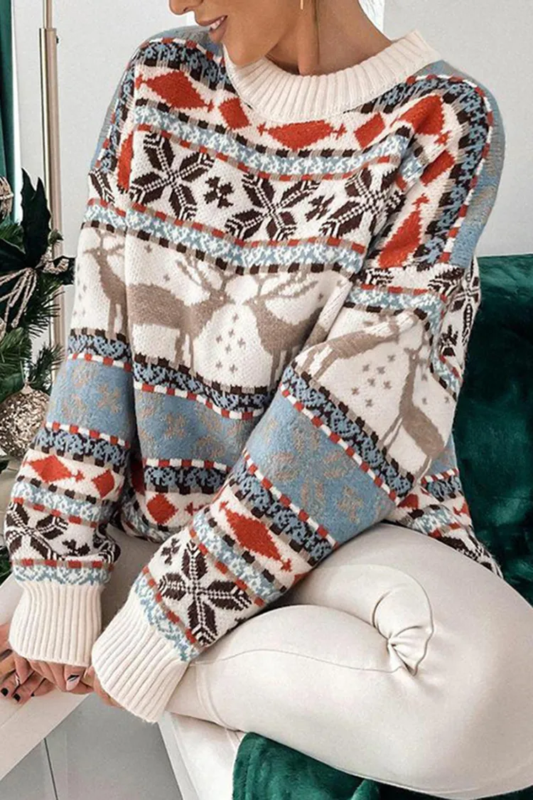 Christmas Snowflake Animal Round Neck Long Sleeve Casual Sweater
