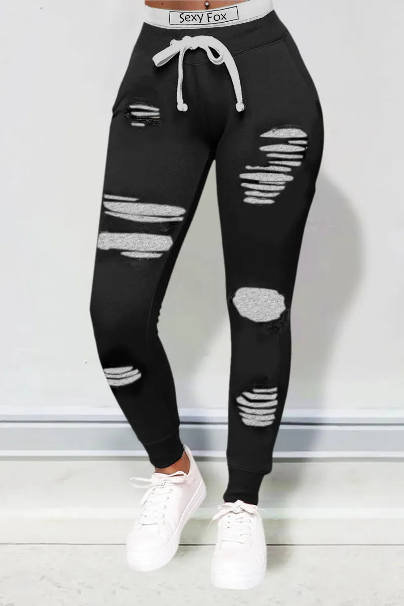 Letter Print Drawstring Ripped Pants