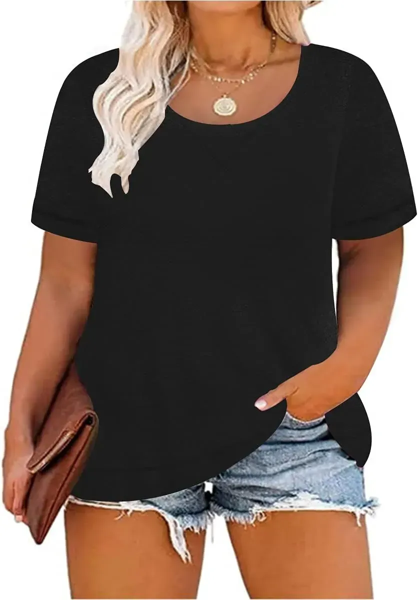 TIYOMI Plus Size T Shirt for Women Short Sleeve Tunic Cross Line Shirts Round Neck Tops Summer Blouse XL-5XL 14-28