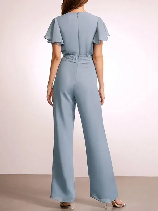 Jumpsuit/Pantsuit V-Neck Floor-Length Chiffon Bridesmaid Dress With Ruffle