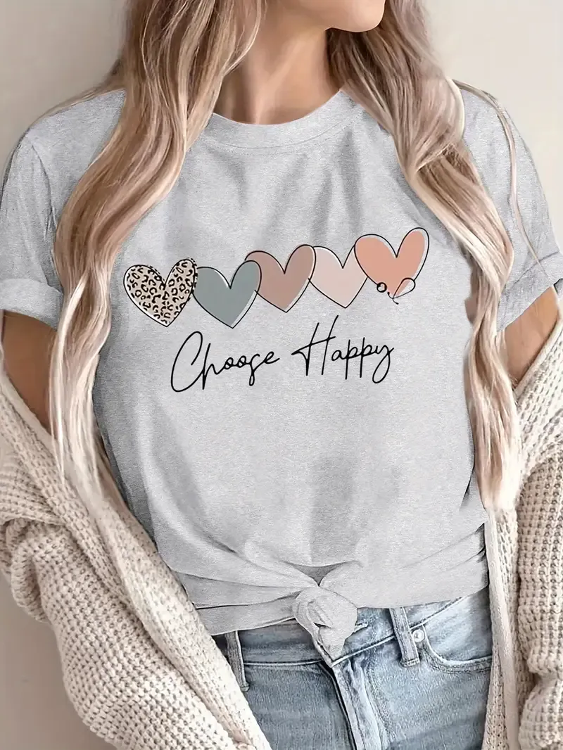 Plus Size Heart & Letter Print T-Shirt, Casual Short Sleeve Top For Spring & Summer, Women's Plus Size Clothing