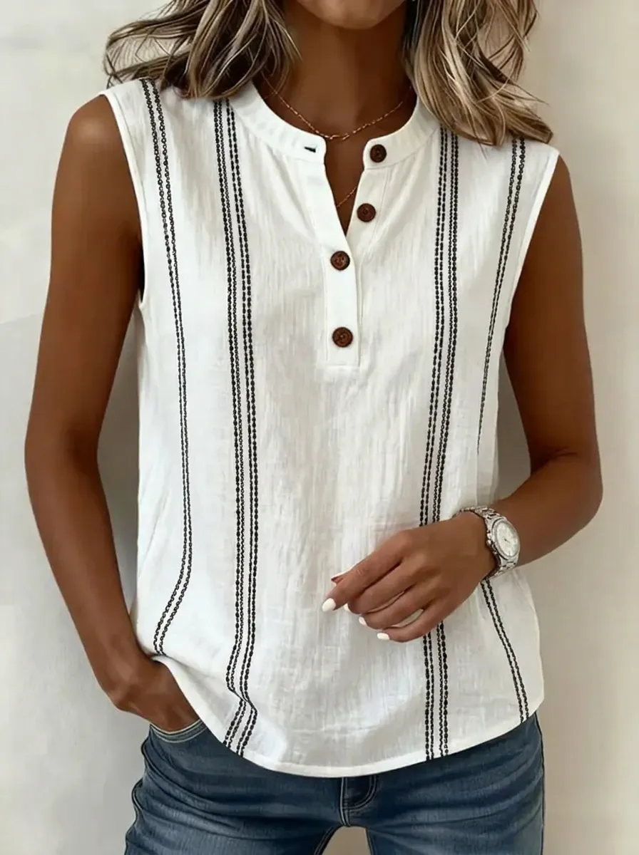 Women's Nashville Travel Striped Button Printed Sleeveless Top