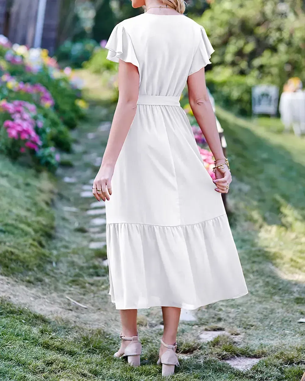 Women Summer Bohemian Floral Casual Wrap V Neck Ruffle Cap Sleeveless Belt A-Line Pleated Hem Swing Midi Sun Dress