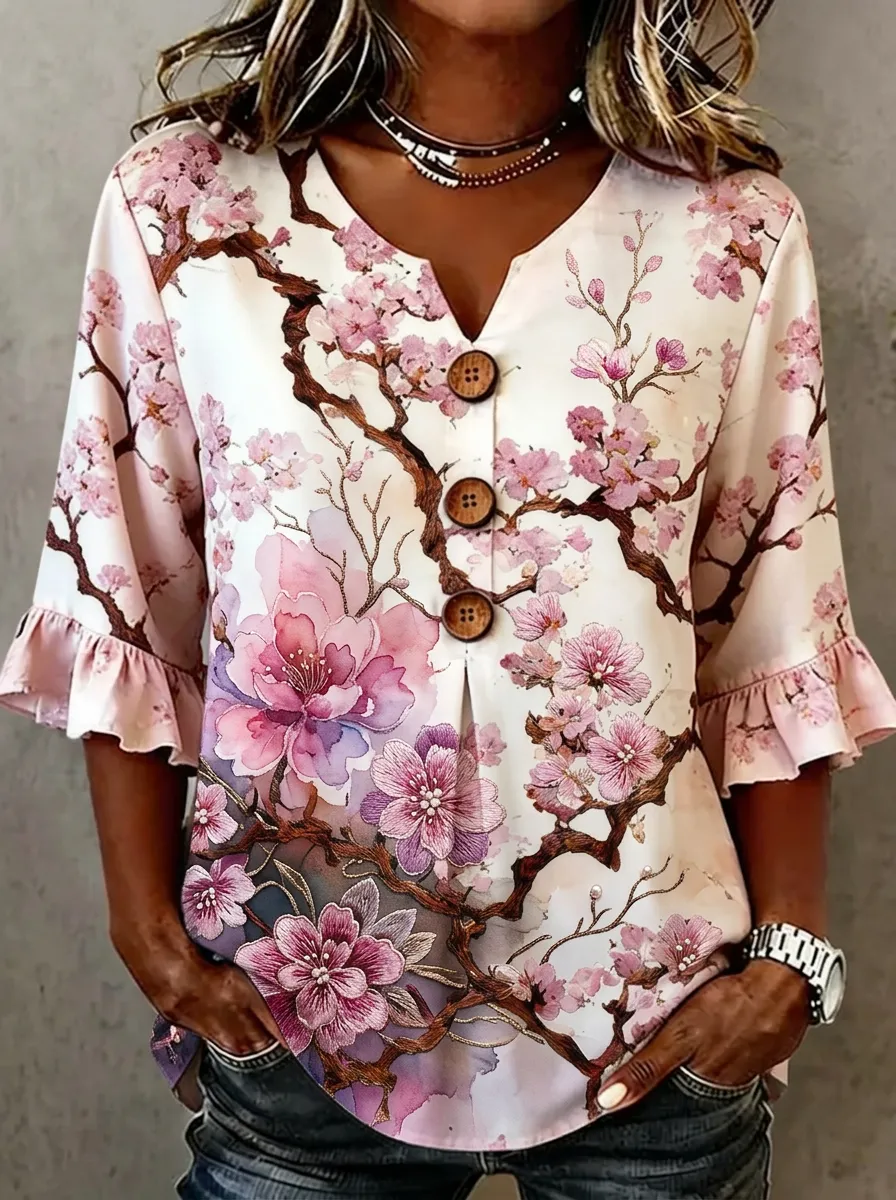 Women's Nashville Cherry Blossom Floral Printed V-Neck Top