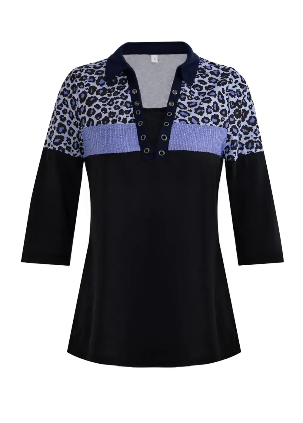 Blue Patchwork Leopard Three Quarter Length Sleeve Blouse