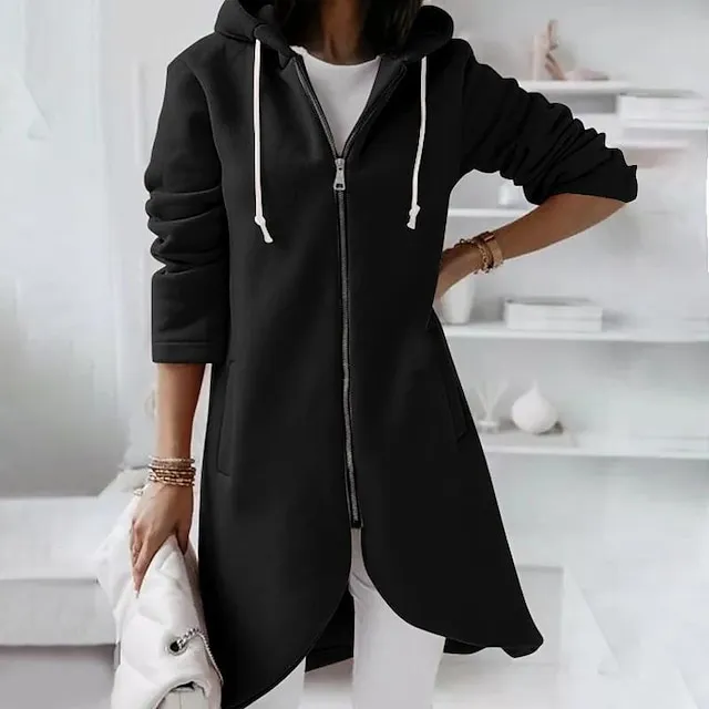 Women's Zip Hoodie Sweatshirt Fleece Sports Streetwear Pullover Pocket Drawstring Zip Up Black Pink Red Solid Color Street Casual Hoodie Long Sleeve Top Fleece lined Micro-elastic Fall & Winter