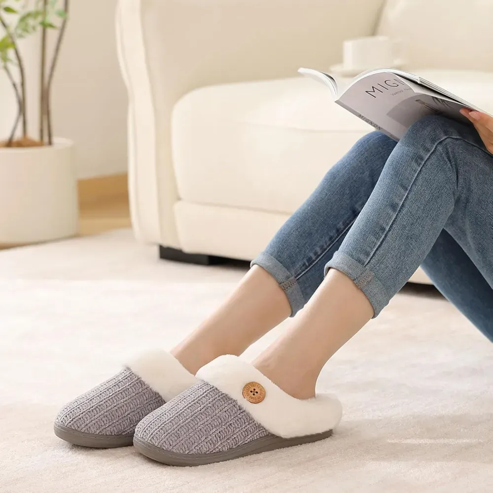 Warm Knit House Slippers for Women Comfy Wool-Like Lined Chenille Slippers with Memory Foam and Indoor Outdoor Soles