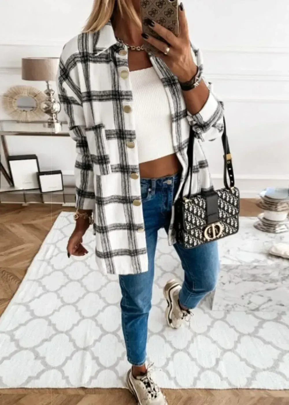 Women's 2023 Fall Clothes Plaid Shacket Jacket Long Sleeve Button Down Flannel Shirts Fashion Blouse