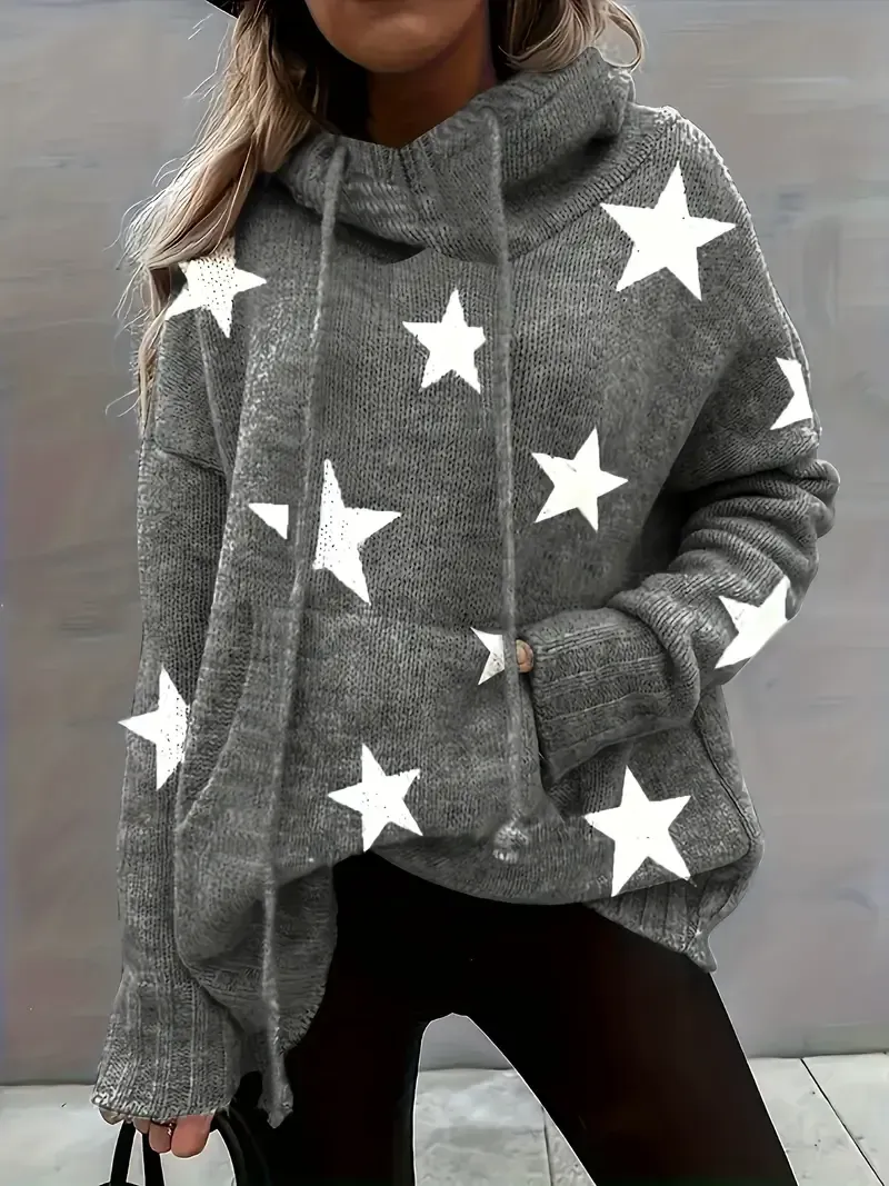 Plus Size Casual Sweater, Women's Plus Star Print Long Sleeve Drawstring Hoodie Sweater With Pockets