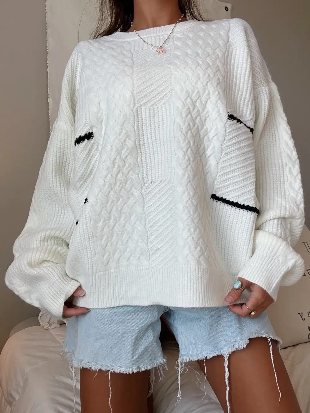 STRIPE CABLE KNIT SWEATER