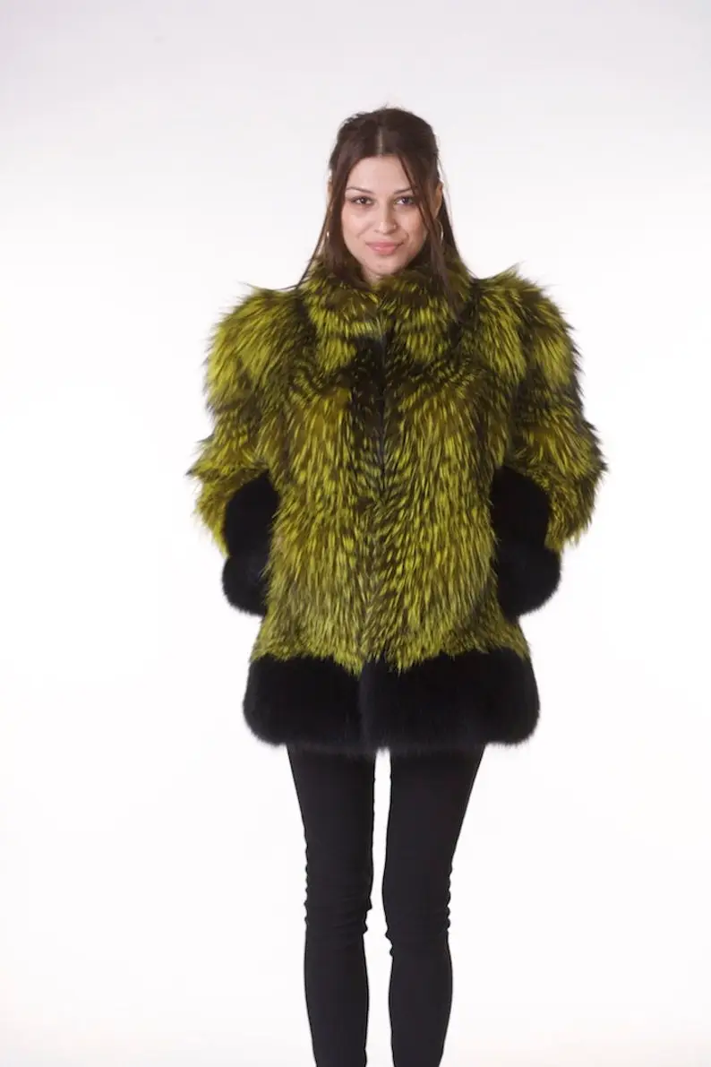 Lime Green and Black Fox Fur Coat Women’s