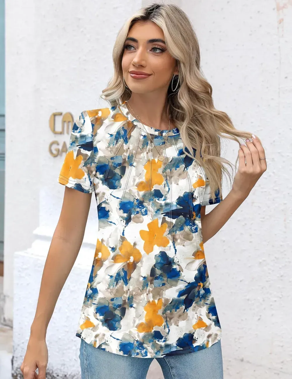 Kistore Womens Casual Crew Neck Short Sleeve Pleated Tops Blouses Fashion Clothes 2024