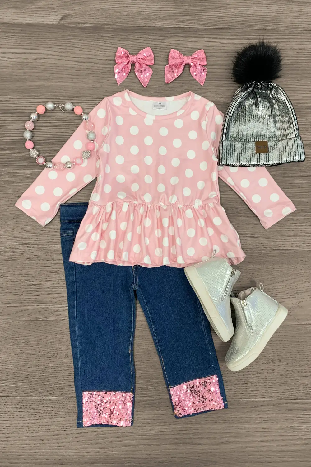 Pink Peplum Polka Dot Sequin Denim Pant Set