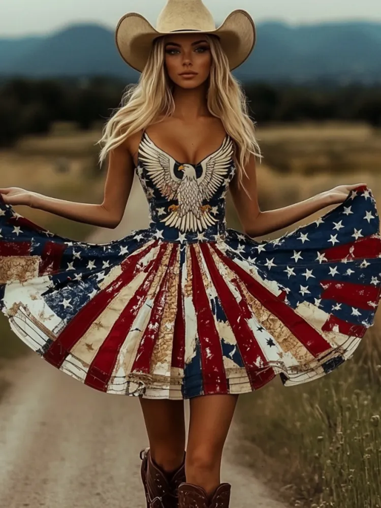 Women's Retro Independence Day Patchwork Eagle Art Casual Linen  Suspender Mini Dress