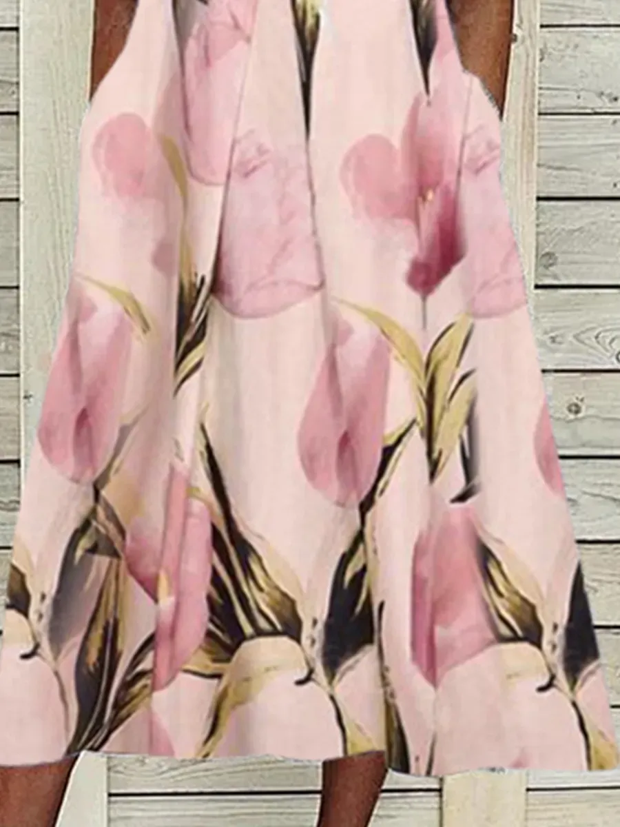 V-neck Casual Loose Floral Print Short Sleeve Midi Dress