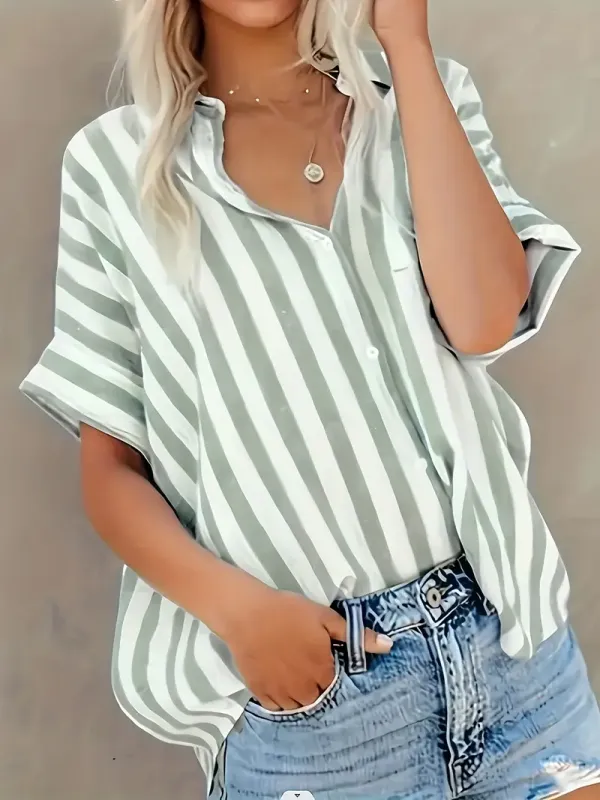 Stripe Print Button Front Blouse - Casual Short Batwing Sleeve Top For Spring & Summer - Women's Clothing - Soft & Breathable Fabric - Perfect for Casual Outings & Everyday Wear - Ideal Gift for Women