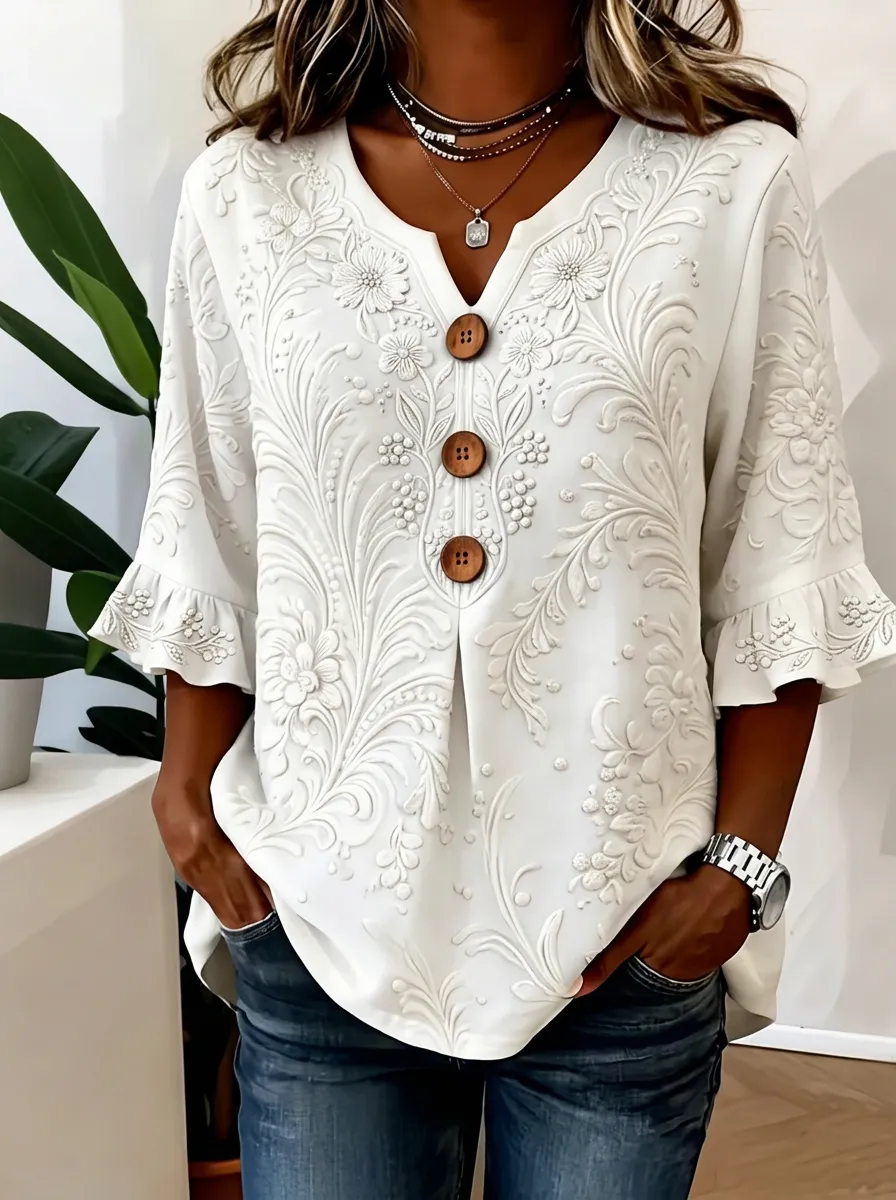 Women's Nashville Floral Embossed Printed Button-Down Top