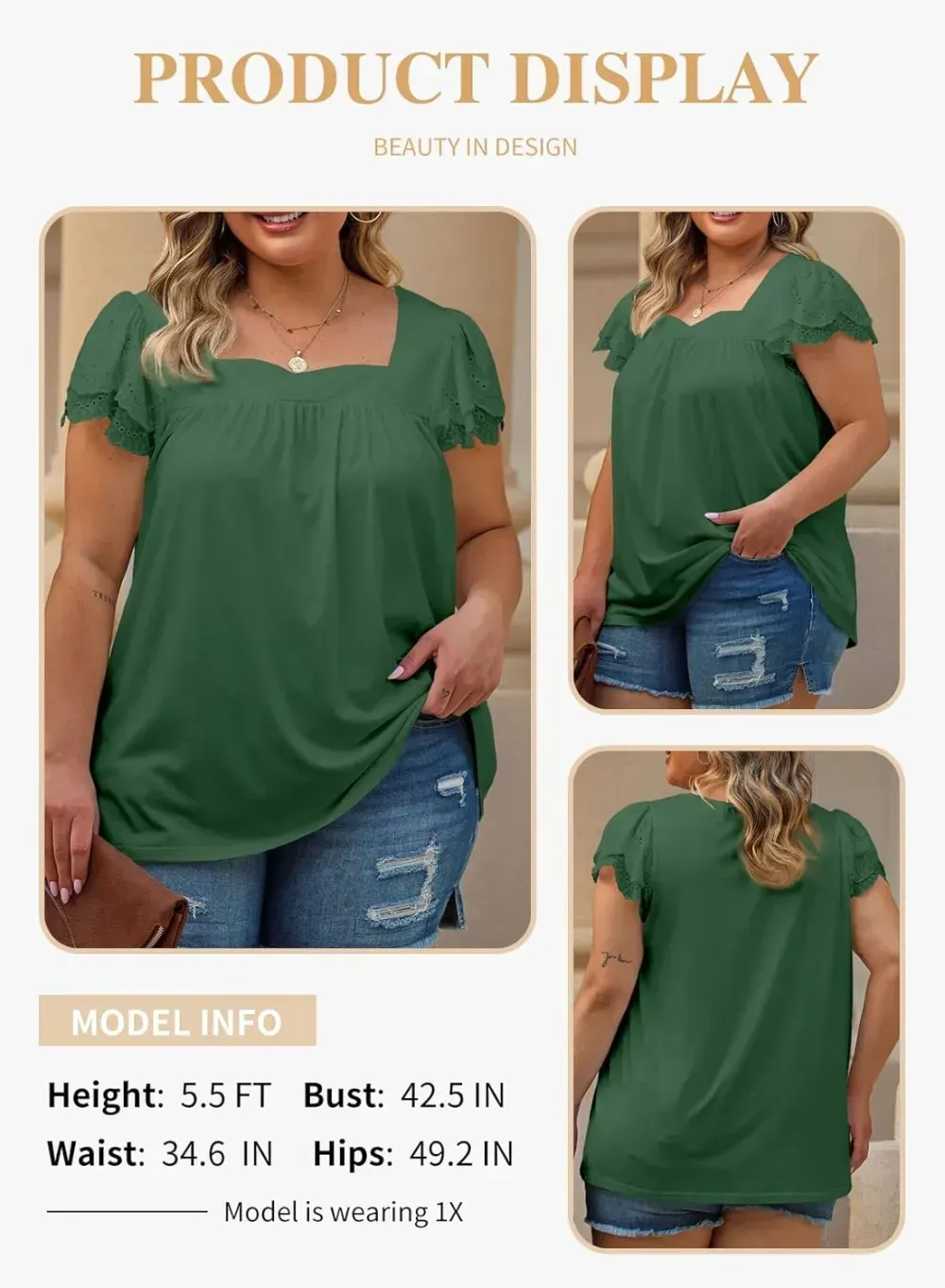 Eytino Womens Plus Size Tops Ruffle Short Sleeve Square Neck Summer Loose Casual Tee Shirts(1X-5X)