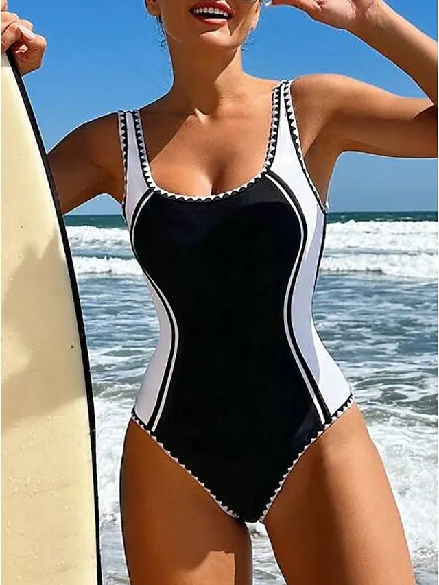 Women's Swimwear One Piece Normal Swimsuit Quick Dry Color Block Black Bathing Suits Sports Beach Wear Holiday