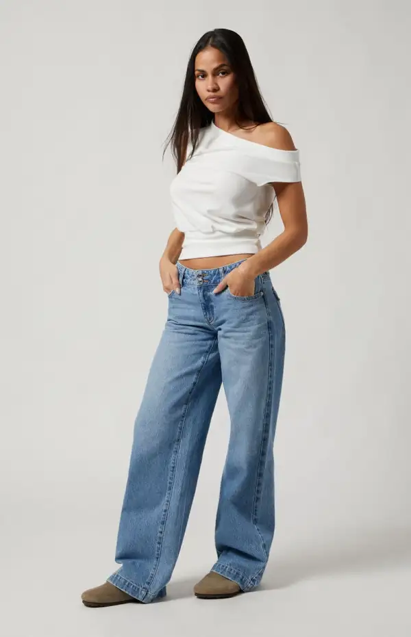 PacSun Casey Double Button Low Rise Baggy Jeans Medium Indigo