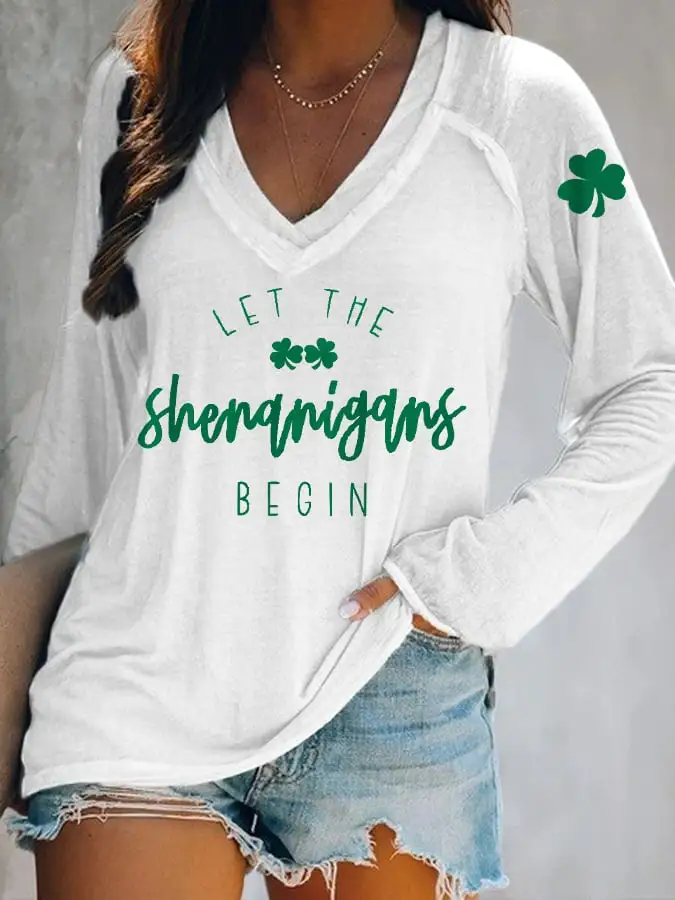 Women's Funny St. Patrick's Day Let The Shenanigans Begin Shamrock Print Casual Long-Sleeve Top