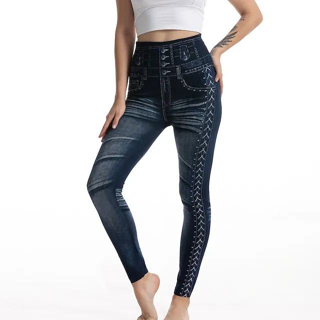 Women's Tights Pants Trousers Full Length Faux Denim Stretchy High Waist Fashion Casual Weekend Black Blue S M