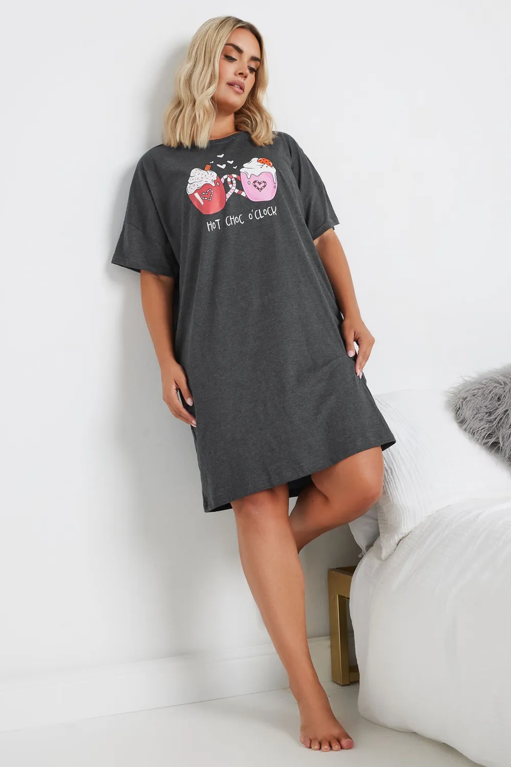 YOURS Curve Grey Hot Chocolate Print Sleep Tee Nightdress