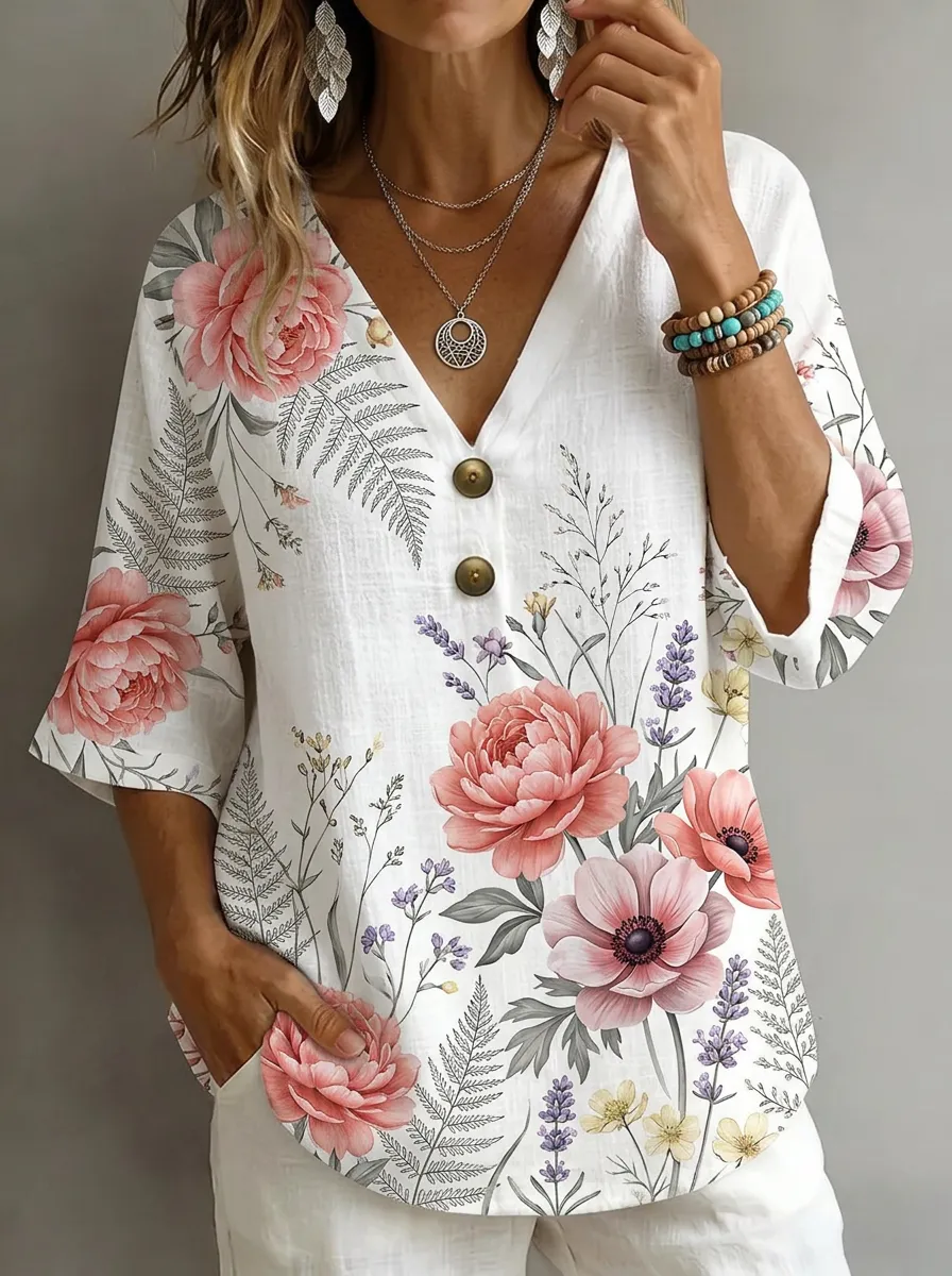 Women's Nashville Floral Botanical Printed V-Neck Button Top