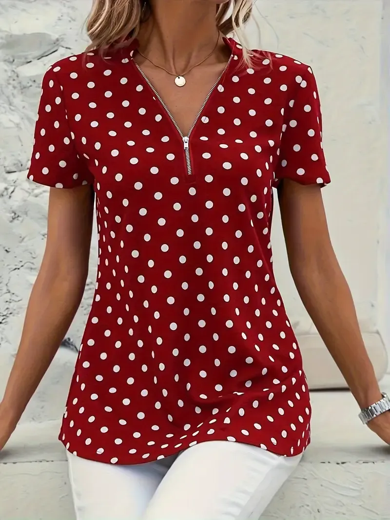 Polka Dot V-Neck Zipper Blouse, Short Sleeve Spring Summer Blouse for Women