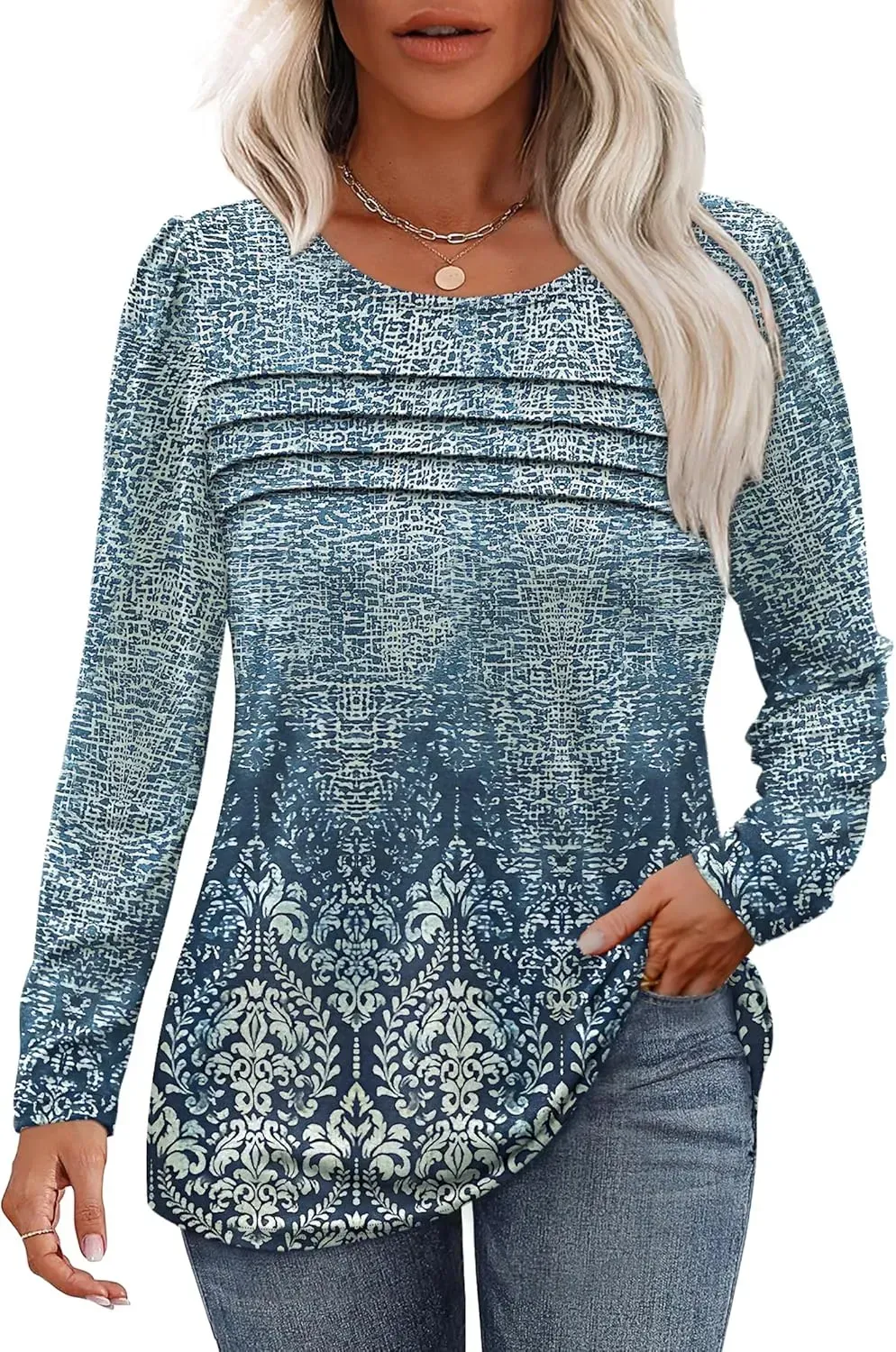 OFEEFAN Long Sleeve Shirts for Women Fall Fashion 2024 Dressy Casual Blouses Trendy Pleated Tunic Tops for Leggings