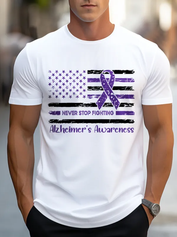 Men'S Round-Neck Short-Sleeved T-Shirt Never Stop Fighting Alzheimer'S Awareness Prints