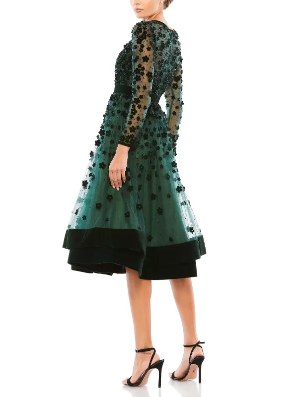 Embellished Sheer Long Sleeve A-Line Midi Dress